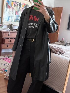 Amazing vintage dream Black Leather Long Coat EVC fits S/M